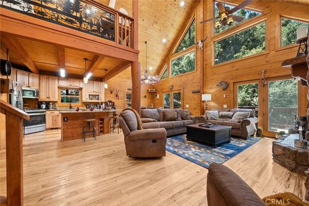 Interior, Kitchen, Living room, Pendant Lights, Stainless Steel Appliances, Wooden Beams, Wooden Ceilings, Wood Texture Flooring, Wooden Walls