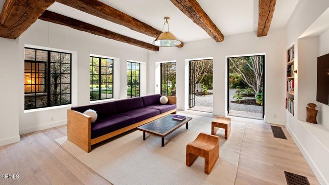 Interior, Living room, Pendant Lights, Wooden Beams, Wood Texture Flooring
