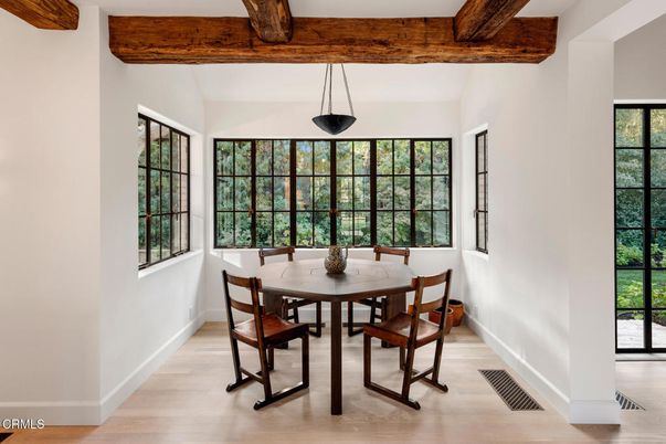 Dining room, Interior, Pendant Lights, Wooden Beams, Wood Texture Flooring