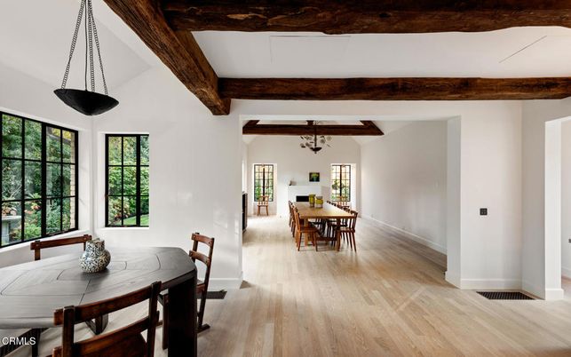 Dining room, Interior, Pendant Lights, Wooden Beams, Wood Texture Flooring