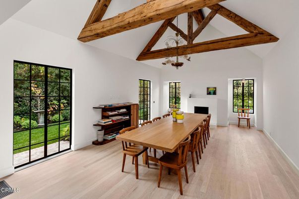 Dining room, Fireplace, Interior, Wooden Beams, Wood Texture Flooring