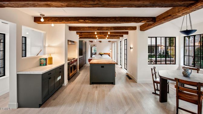 Dining room, Interior, Kitchen, Pendant Lights, Wooden Beams, Wood Texture Flooring