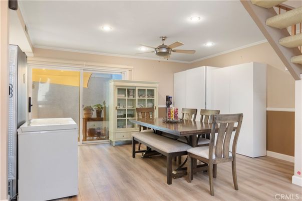 Dining room, Interior, Recessed Lighting, Wood Texture Flooring