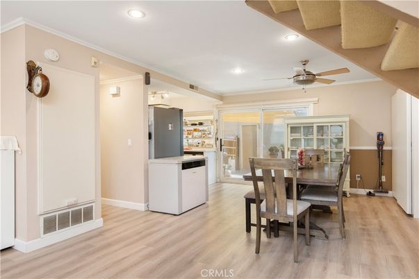 Dining room, Interior, Recessed Lighting, Wood Texture Flooring