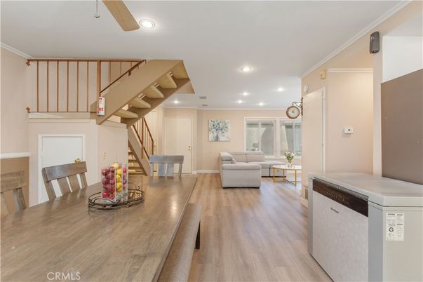 Dining room, Interior, Living room, Recessed Lighting, Wood Texture Flooring