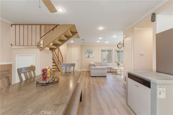 Dining room, Interior, Living room, Recessed Lighting, Wood Texture Flooring