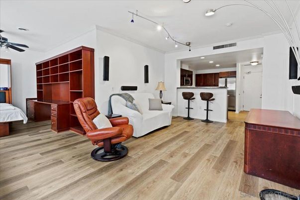 Interior, Kitchen, Living room, Recessed Lighting, Stainless Steel Appliances, Wood Texture Flooring