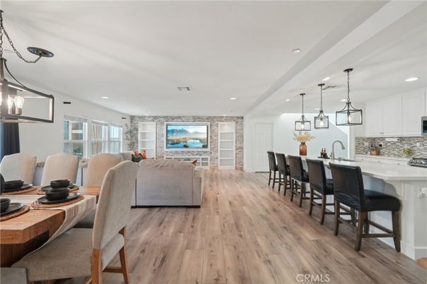 Interior, Kitchen, Living room, Pendant Lights, Recessed Lighting, Stone Walls, Wood Texture Flooring