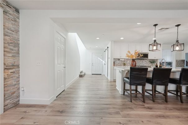 Interior, Kitchen, Pendant Lights, Recessed Lighting, Stone Walls, Wood Texture Flooring