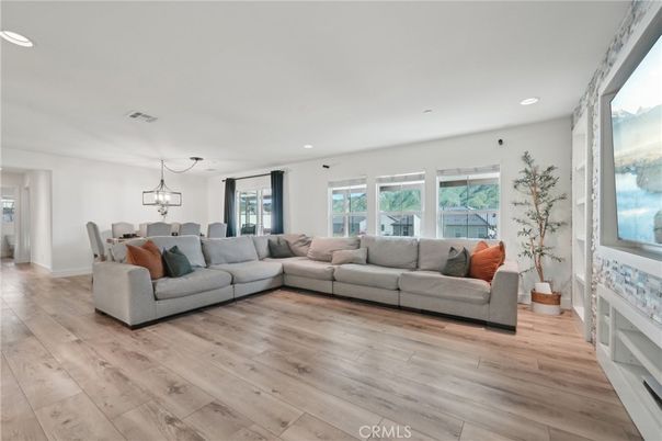 Dining room, Interior, Living room, Pendant Lights, Recessed Lighting, Wood Texture Flooring