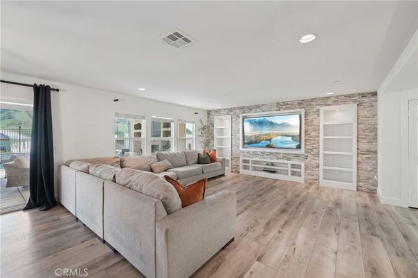 Interior, Living room, Recessed Lighting, Stone Walls, Wood Texture Flooring