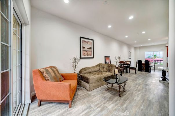 Dining room, Interior, Living room, Recessed Lighting, Wood Texture Flooring