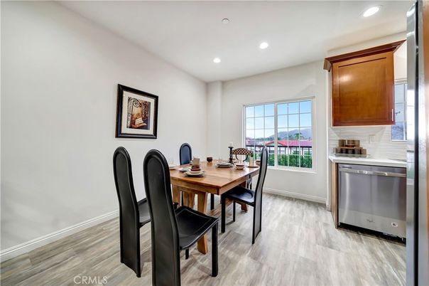 Dining room, Interior, Recessed Lighting, Wood Texture Flooring