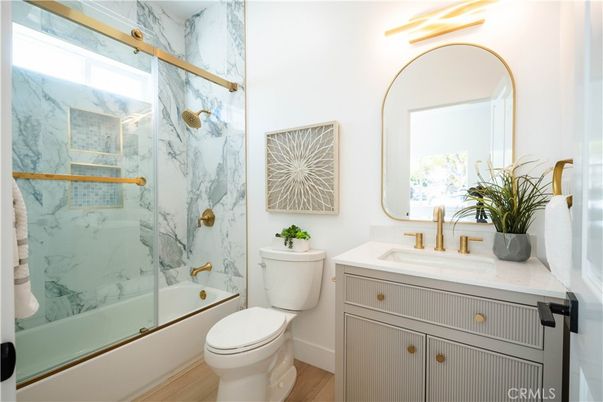 Bathroom, Glass Shower, Interior, Marble Walls, Wood Texture Flooring
