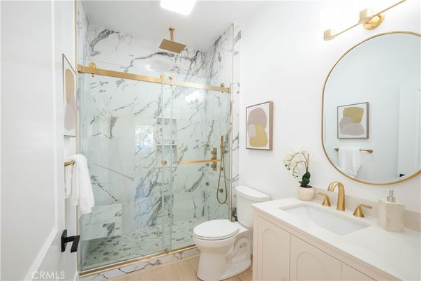 Bathroom, Glass Shower, Interior, Marble Walls, Wood Texture Flooring