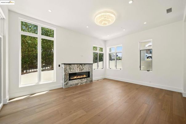 Empty room, Fireplace, Interior, Recessed Lighting, Wood Texture Flooring