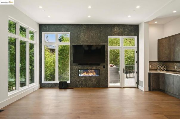 Fireplace, Interior, Recessed Lighting, Wood Texture Flooring