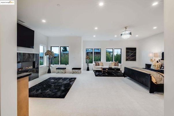 Bedroom, Chandelier, Fireplace, Interior, Living room, Recessed Lighting