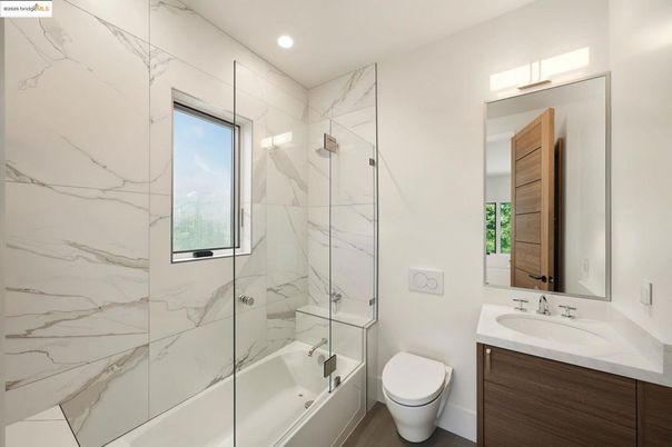 Bathroom, Glass Shower, Interior, Marble Walls, Recessed Lighting