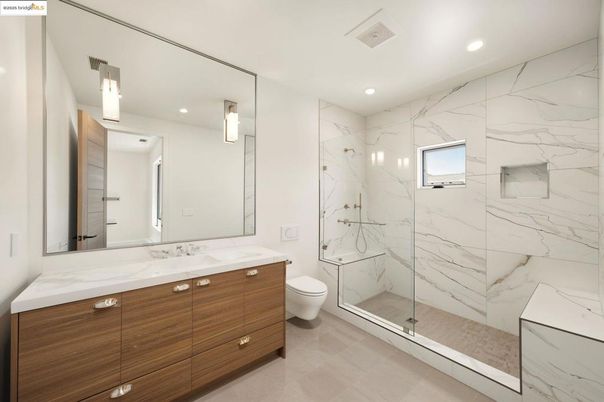 Bathroom, Glass Shower, Interior, Marble Walls, Recessed Lighting
