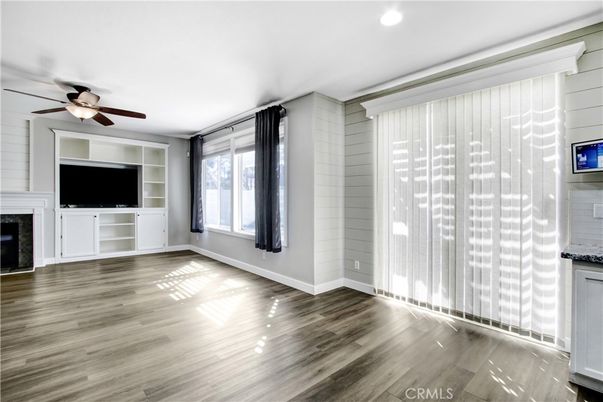 Empty room, Fireplace, Interior, Recessed Lighting, Wood Texture Flooring