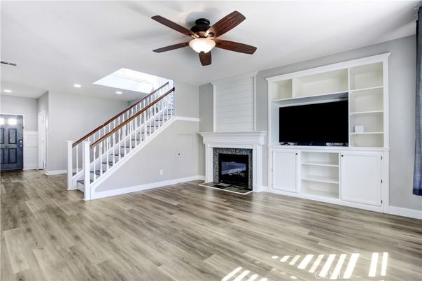 Empty room, Fireplace, Interior, Recessed Lighting, Wood Texture Flooring
