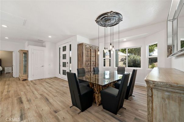 Dining room, Interior, Pendant Lights, Recessed Lighting, Wood Texture Flooring