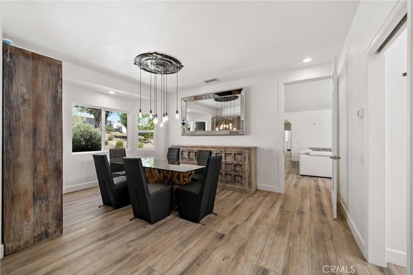 Dining room, Interior, Pendant Lights, Recessed Lighting, Wood Texture Flooring
