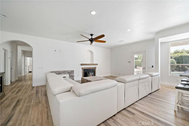 Fireplace, Interior, Living room, Recessed Lighting, Wood Texture Flooring