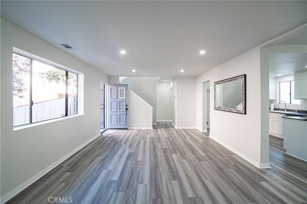 Empty room, Interior, Kitchen, Recessed Lighting, Wood Texture Flooring