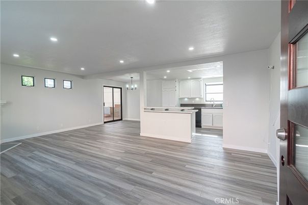 Chandelier, Empty room, Interior, Kitchen, Recessed Lighting, Wood Texture Flooring