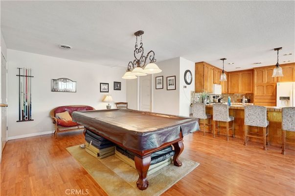 Billiard Table, Game Room, Interior, Kitchen, Pendant Lights, Wood Texture Flooring