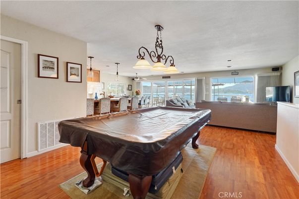 Billiard Table, Chandelier, Game Room, Interior, Pendant Lights, Wood Texture Flooring