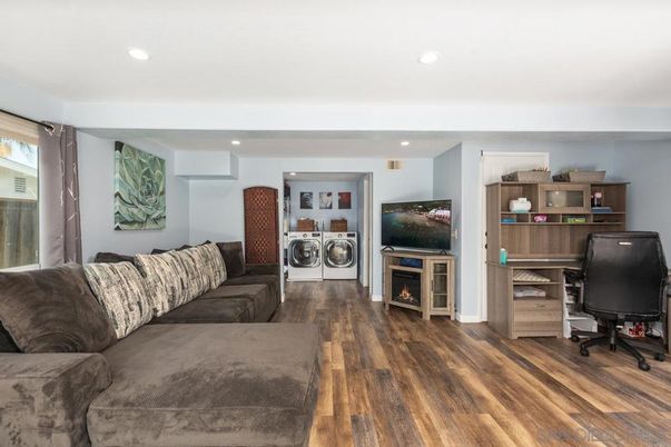 Fireplace, Home Office, Interior, Living room, Recessed Lighting, Washer, Wood Texture Flooring