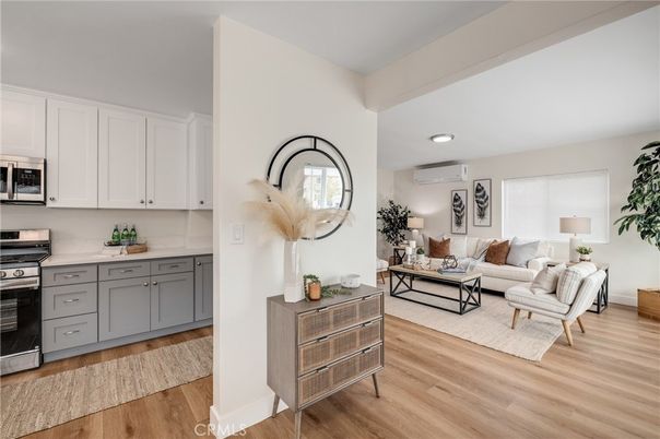 Interior, Kitchen, Living room, Recessed Lighting, Stainless Steel Appliances, Wood Texture Flooring