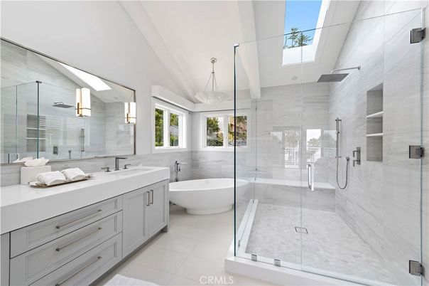 Bathroom, Dual Sink Vanities, Free Standing Baths, Glass Shower, Interior, Pendant Lights