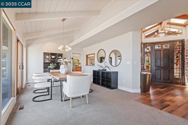 Dining room, Interior, Pendant Lights, Wood Texture Flooring