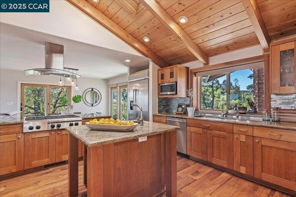 Interior, Kitchen, Recessed Lighting, Stainless Steel Appliances, Wooden Beams, Wooden Ceilings, Wood Texture Flooring