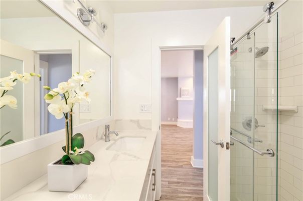 Bathroom, Glass Shower, Interior, Wood Texture Flooring