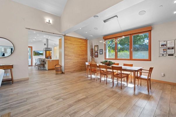 Dining room, Interior, Kitchen, Pendant Lights, Recessed Lighting, Wood Texture Flooring