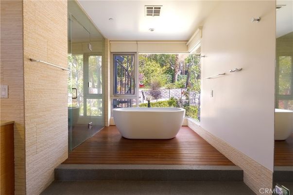Bathroom, Free Standing Baths, Glass Shower, Interior, Recessed Lighting, Wood Texture Flooring