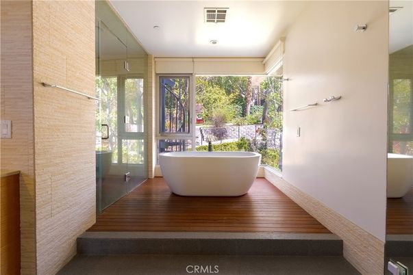 Bathroom, Free Standing Baths, Glass Shower, Interior, Recessed Lighting, Wood Texture Flooring