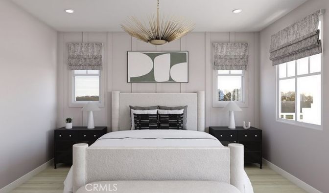 Bedroom, Interior, Pendant Lights, Recessed Lighting, Wood Texture Flooring