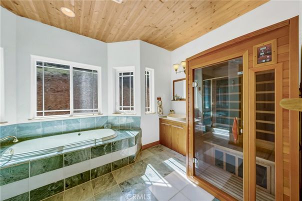 Bathroom, Glass Shower, Interior, Recessed Lighting, Wooden Ceilings