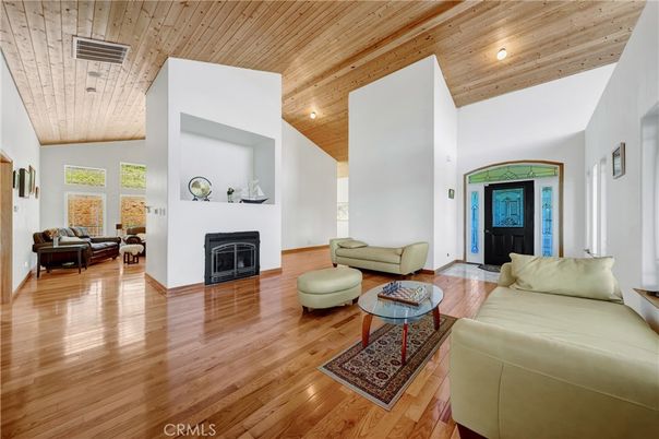 Fireplace, Interior, Living room, Recessed Lighting, Wooden Ceilings, Wood Texture Flooring