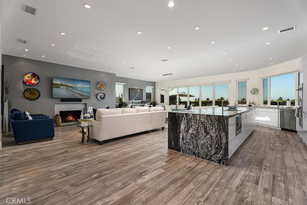 Fireplace, Interior, Kitchen, Living room, Recessed Lighting, Wood Texture Flooring
