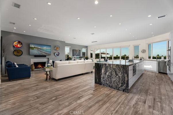Fireplace, Interior, Kitchen, Living room, Recessed Lighting, Wood Texture Flooring