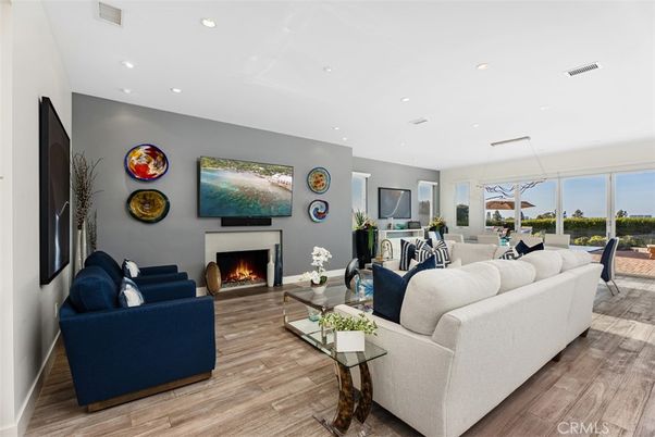 Dining room, Fireplace, Interior, Living room, Pendant Lights, Recessed Lighting, Wood Texture Flooring