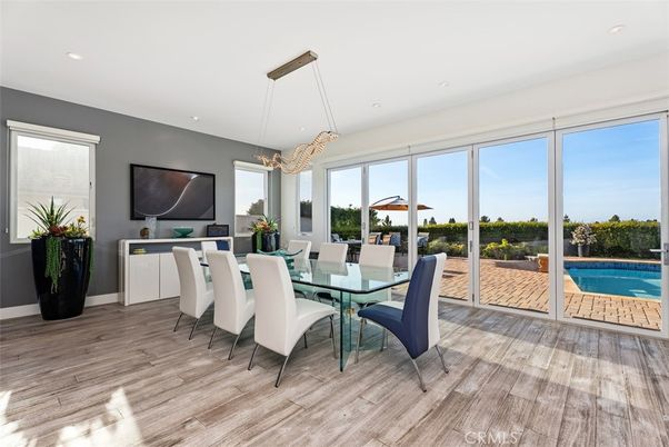 Dining room, Interior, Pendant Lights, Recessed Lighting, Wood Texture Flooring