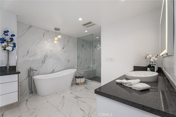 Bathroom, Free Standing Baths, Glass Shower, Interior, Marble, Marble Walls, Recessed Lighting